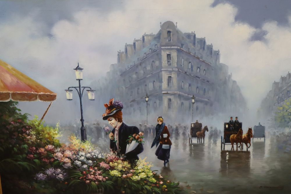 After Jean Mannheim (1863-1945), oil on canvas, French flower market, signed, 60 x 90cm
